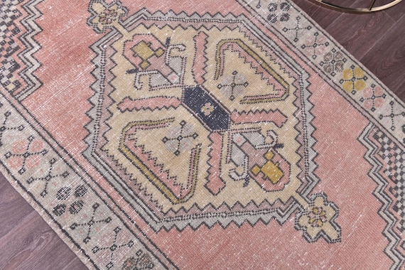 3x6 Turkish Small Accent Rug, Pink Gray Green Color, 3x6 Medallion Style, Handmade Wool Rug, 3x6 Oushak Rug, Oriental Rug 3x6 Area Rug