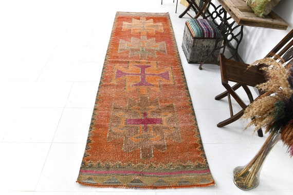 3x11 Runner Rug, 3x11 TURKISH HERKI RUNNER Rug, 3x11, Herki Runner 3x11, Wool Handmade Oushak, 3x11 Rugs, Orange & Pink Herki, Rug For Entry
