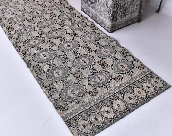 2x6 Vintage Runner Rug, 2x6 Handwoven Oriental Runner, 2x6 Hallway Runner Rug, 2x6 Handmade Wool Rug, 2x6 Turkish Rug, Gray Green Color