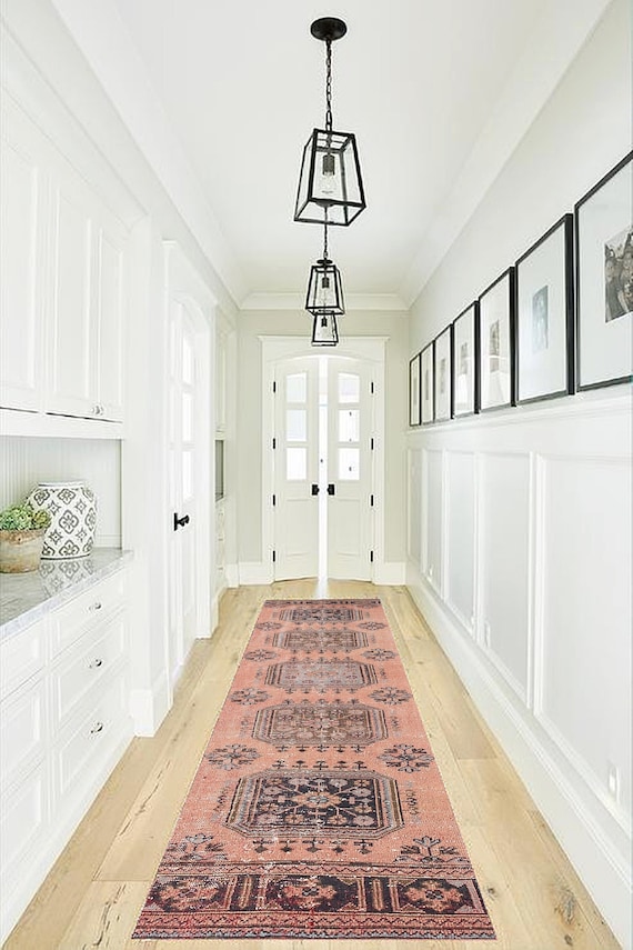 3x11 Runner Rug, 3x11 Soft Wool Vintage Runner Rug, 3x11 Vintage Runner, Long Handmade Oushak, 3x11 Rugs, Dark Salmon Carpet, Hallway Entry
