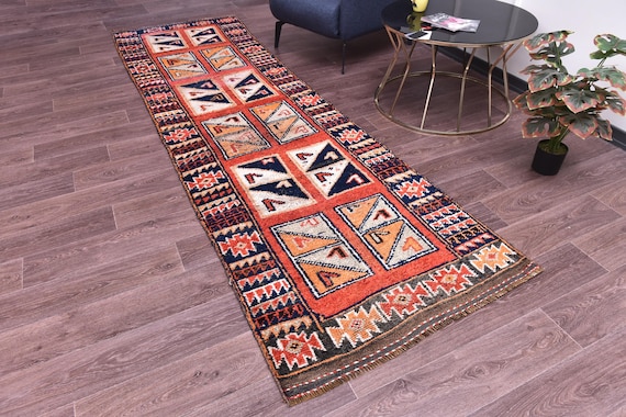 3x10 Vintage Handmade Runner Rug, Soft Wool Rug, Hallway Kitchen Runner Rug, Red, Blue Ivory Color