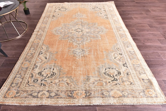 6x9 Vintage Faded Rug, Orange Gray Color, Farmhouse Decor, Medallion Design, Living Room-Bedroom