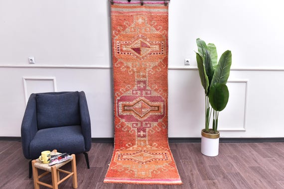 3x10 Vintage Handmade Peach Runner Rug, Soft Wool Rug, Hallway Kitchen Runner Rug, Peach Gray Color