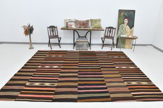 8x10 Rugs, 8x10 Turkish & Vintage Kilim Patchwork Rug, 8x10, Kilim Patchwork Rug, Shades Of Red Brown, Area Rug 8x10, Rug For Living Room