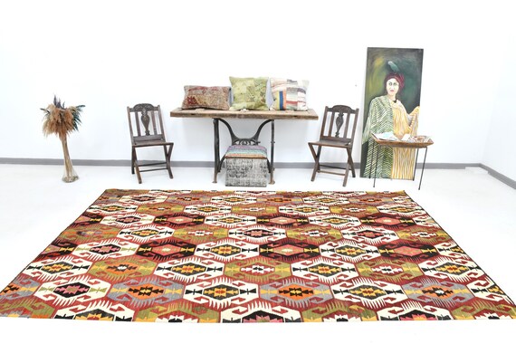 6x11 TURKISH VINTAGE KILIM Rug, 6x11 Kilim Rug, Green Red Kilim, Handmade Wool Rug, 6x11 Rug, Rug For Living Room, Mid Ceuntry Modern, Gift