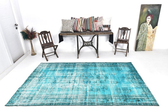 5x9 Area Rug, 5x9 Soft Wool Vintage Rug, 5x9 Vintage Rug, Handmade Wool Rug, 5x9 Rugs, Turquoise & Light Blue Carpet, Vintage Rug 5x9, 60s