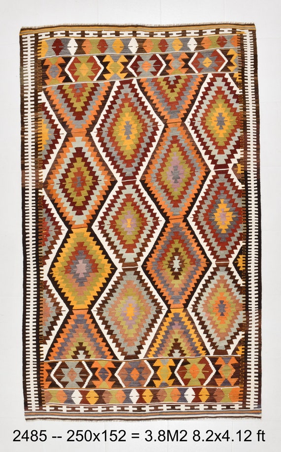 5x8 Area Rug, 5x8 TURKISH VINTAGE KILIM Rug, Scandinavian Style Red Orange Area Rug Handwoven Wool Striped Pattern Old Antique Entrway Rugs
