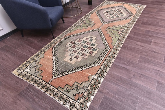 4x11 Brown Turkish Vintage Runner, 4x11 Handmade Oushak Rug, 4x11 Vintage Runner, Tan Brown Rug, 4x11 Runner Rug, Hallway Stairs Carpet