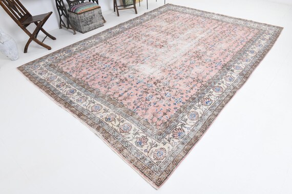 8x11 Oversize Vintage Floral Rug, Pink, Blue Color Rug, Authentic Turkish Rug 8x11, Aesthetic Vintage Rug, 8x11 Area Rug, Large Turkish Rug