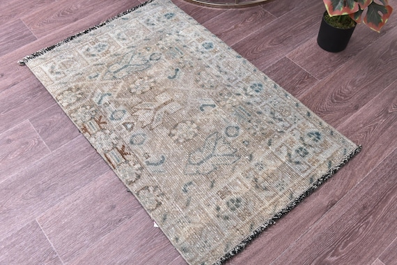 2x3 Vintage Persian Doormat Rug, Traditional Bath Decor, 2x3 Distressed Rug, Handmade Home Decor, Red Beige Rug, 2x3 Accent Rug