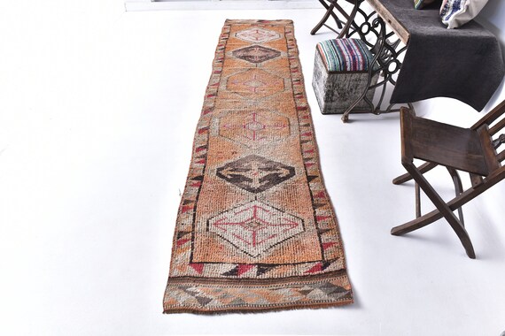 2x11 PASTEL VINTAGE RUNNER Rug, 2x11 Vintage Runner, Long Narrow Handmade Rug, 2x11 Rugs, Orange Brown Carpet, Vintage Runner 2x11, Gifts