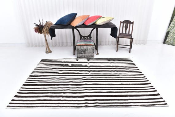 5x8 Soft Pastel Striped Hemp Rug, Natural Hand-made Hemp, Organic Hand-Knotted Hemp Rug 5x8, Shades Of White Black, Mid Century Modern 1960s