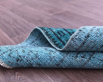 2x6 Vintage Teal Runner Rug, 2x6 Handmade Floral Runner, Ocean