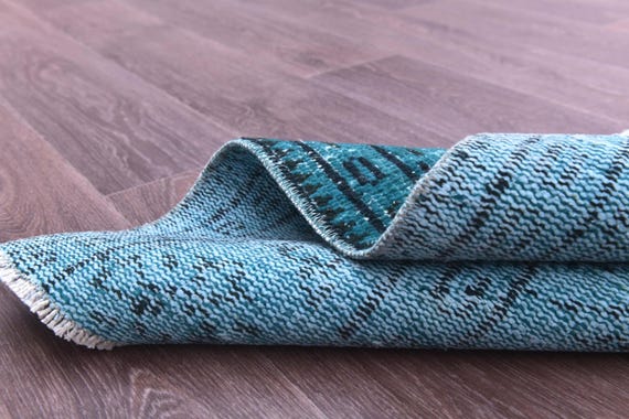 2x6 Vintage Teal Runner Rug, 2x6 Handmade Floral Runner, Ocean