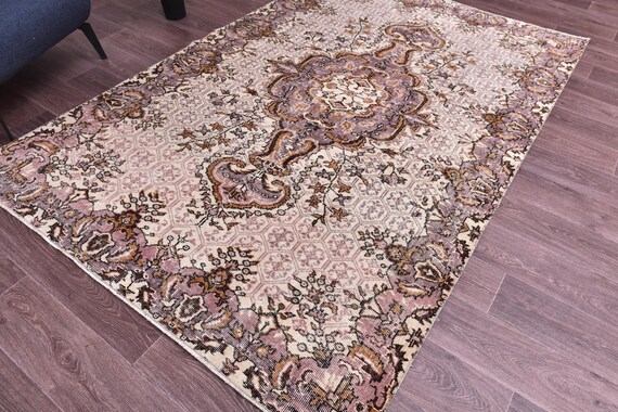5x8 Vintage Persian Rug, Purple Cream Color, 5x8 Handmade Wool Rug, Medallion Area Rug, Farmhouse Decor, 5x8 Ornate Area Rug, Floral Persian