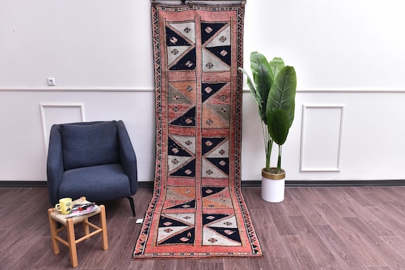 3x10 Vintage Traditional Hallway Kitchen Runner Rug, Soft Wool Rug, Salmon Blue Color
