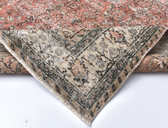 7x10 Floral Antique Red and Beige Vintage Rug,Distressed 7x10 Vintage oushak Rug,Sun Muted Distressed Floral 7x10 Area Rug,7x10 Turkish Rug,