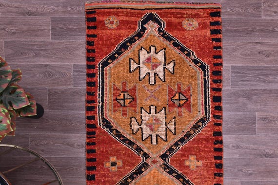 3x10 Vintage Soft Peach Herki Runnner Rug, 3x10 Handmade Wool, 3x10 Geometric Medallion Runner, Peach Blue Color, 3x10 Hallway Runner Rug,