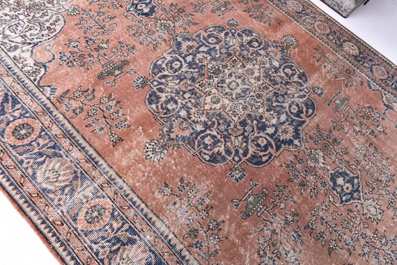 7x10 Vintage Turkish Area Rug, 7x10 Salmon, Blue Color, Farmhouse Decor, Handwoven Wool Rug, 7x10 Area Rug, 7x10 Living Room Rug Floral Rug