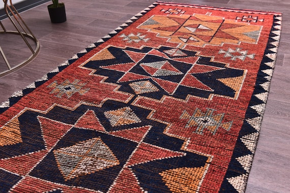 3x10 Vintage Peach Black Herki Runnner Rug, 3x10 Handmade Wool, 3x10 Geometric Medallion Runner, Peach Color, 3x10 Hallway Runner Rug,