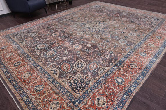 10x13 Antique Persian Rug, Blue, Salmon, Brown, Beige Color, 10x13 Persian Rug, Large Area Rug, 10x13 Rug, Traditional Rug, Decorative Rug