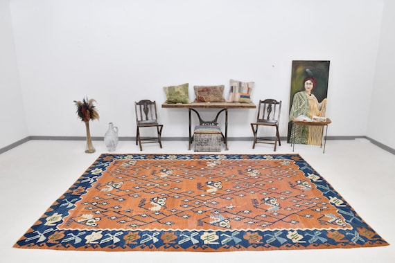 8x11 Area Rug, 8x11 TURKISH VINTAGE KILIM Rug, 8x11, Oversize Kilim Rug, Large Wool Rug, Floral Geometric Kilim, Brunt Orange Blue Kilim