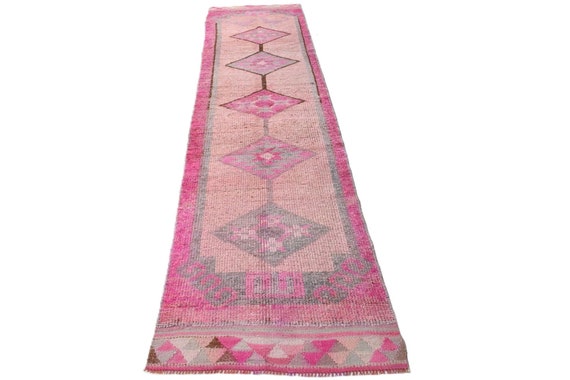 3x12 Soft Pink Herki Vintage Runner Rug, 3x12 Vintage Runner Wool Handmade Oushak 3x12 Rug Oriental Style Rug For Hallway Entrway Tapis 58s