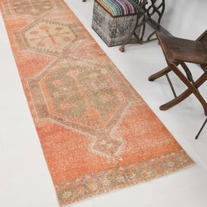 3x11 Vintage Copper Runner Rug, Soft Hallway Rug, 3x11, Hand-Made Turkey Rug, 3x11 Orange and Brown Rug, Antique Hallway Rugs