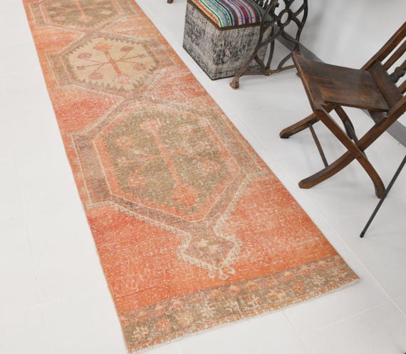 3x11 Vintage Copper Runner Rug, Soft Hallway Rug, 3x11, Hand-Made Turkey Rug, 3x11 Orange and Brown Rug, Antique Hallway Rugs