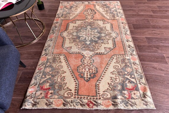 4x7 Vintage Salmon Accent Rug, Salmon, Blue Color, 4x7 Medallion Style, Handmade Wool Rug, 4x7 Oushak Rug, Oriental Rug 4x7 Area Rug