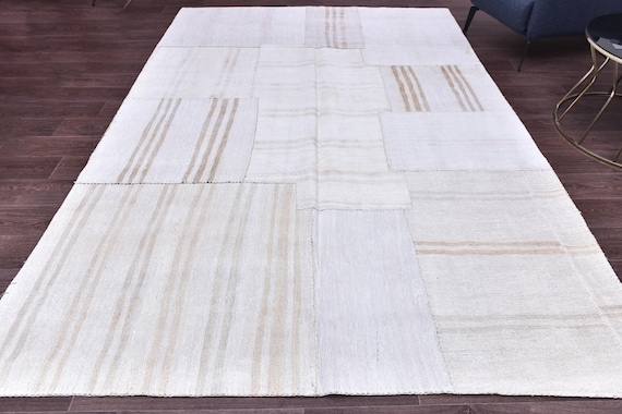 7x10 Handmade Patchwork Kilim Rug, Vintage Area Rug, Cream White Color, 7x10 Large Area Rug, Wool Handmade Kilim, 7x10 Farmhouse Rug
