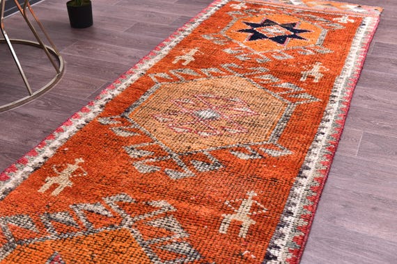 3x10 Vintage Soft Peach Herki Runnner Rug, 3x10 Handmade Wool, 3x10 Geometric Medallion Runner, Peach Blue Color, 3x10 Hallway Runner Rug,