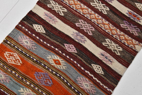 2x13 Vintage  Ethnic Kilim Runner Rug, Vintage Style Brown And Orange Long Runner Rug, Kilim Runner Rug, Ethnic Style Striped Hallway  Rugs