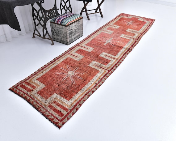 3x11 Red Beige Vintage Runner Rug, 3x11 Vintage Runner, 3x11 Rug, Wool Hand Woven Rug, 3x11 Runner Rug, 3x11 Herki Runner, Farmhouse Hallway