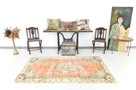 4x7 Rug, 4x7 Vintage Rug, 4x7 PALE TURKISH VINTAGE Rug, Rugged Handmade Wool Rug, Peach Orange Beige Rug, Vintage Rug 4x7, Rugged Carpet 4x7