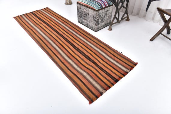 Handmade Turkish Wool Runner Rug: 2x7 Vintage Orange Brown Striped Rug