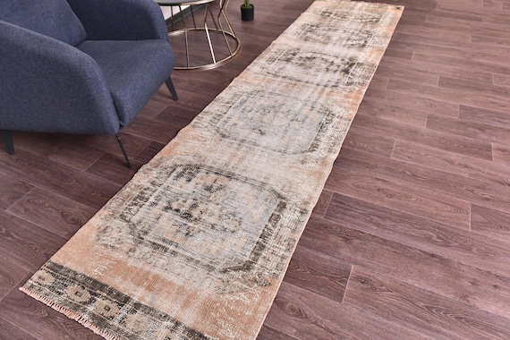 3x11 Vintage Faded Runner Rug, Orange Black Color Rug, 3x11 Hallway Runner, 3x11 Handmade Wool Rug, Oriental Rug, 3x11 Geometric Rug