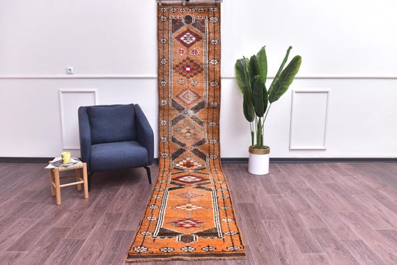 2x13 Vintage Copper Runner Rug, Copper Brown Color, Handmade Wool Rug, 2x13 Traditional Runner Rug, 2x13 Farmhouse Hallway Rug 2x13 Rug