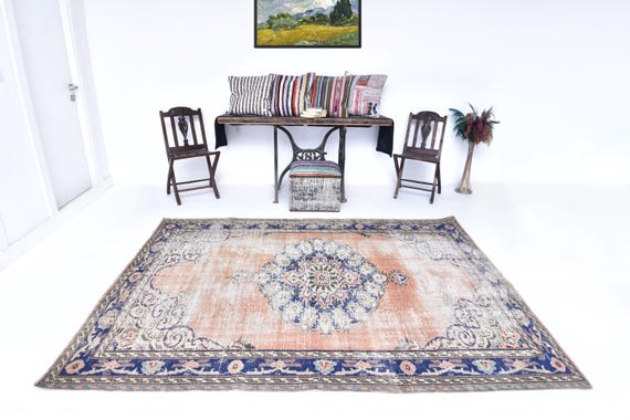 6x8 Blue Dirty Pale Orange Vintage Rug - 6x8 Vintage Rug - Aesthetic Handmade Turkey - 6x8 Rugs - Oriental Bordered Style - Turkish Rug 6x8