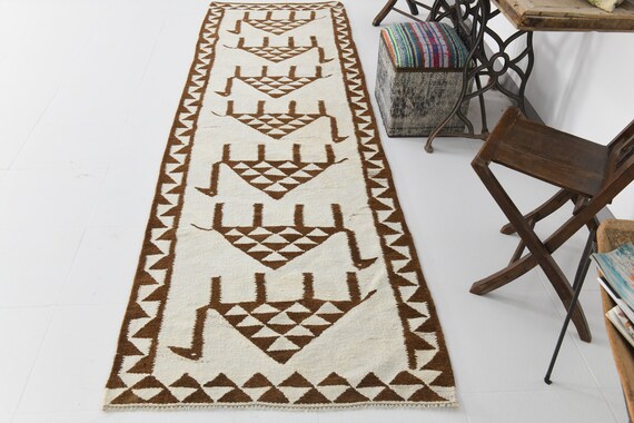 3x11 Runner Rug, 3x11 Kilim Runner, 3x11 ORIENTAL KILIM RUNNER Rug, 3x11, Wool Handwoven Kilim, 3x11 Rugs, Brown & Beige Kilim, Anatolian