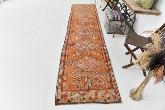 3x12 HERKI VINTAGE RUNNER Rug, 3x12, Oushak Handmade Rug, Vintage Runner, Orange & Brown Rug, 3x12 Rugs, Farmhouse Decor, Rug For Hallway
