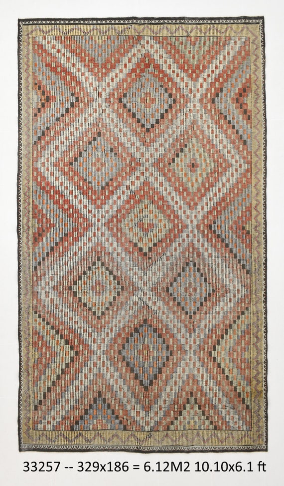 6x11 Red & Beige Kilim Rug, Vintage Kilim Rug Kilim Rug Wool Handmade Rug 6x11 Area Rug Oversize Kilim Rug Ethnic Boho Kilim Living Room Rug
