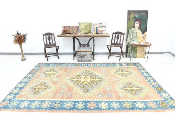6x10 Area Rug, 6x10 Persian Kilim, 6x10 Vintage Persian Kilim Rug, Handmade Wool Rug, 6x10 Rug, Salmon & Blue Kilim, Kilim Rug 6x10, Antique