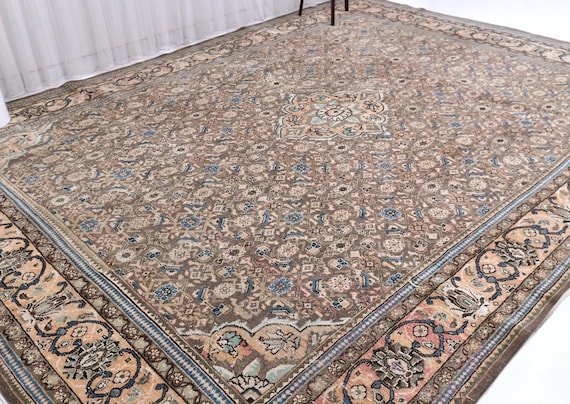 10x13 Elegant Antique Persian Area Rug, 10x13 Vintage Hand Knotted Wool Rug, Brown Blue Traditional Oriental Decor, 10x13 Dining Areas Rug