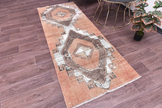3x7 Vintage Distressed Runner Rug, Terracotta Black Rug, Handmade Vintage Tapestry, Hallway Rug
