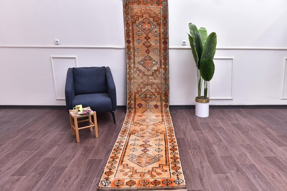 3x13 Vintage Long Wool Runner Rug, Orange Copper Brown Color, Hallway Kithcen Rug, Handmade Soft Wool-Turkish Rug