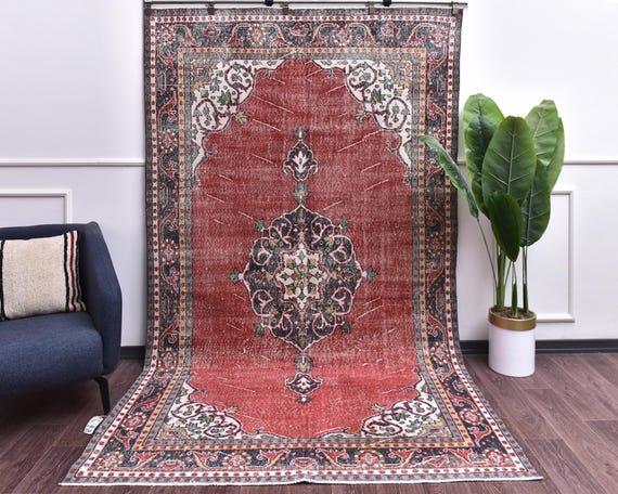 6x10 Faded Vintage Oriental Area Rug, Handmade Wool, Pale Red Blue Color, Outlet Rug