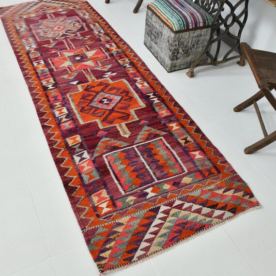 3x9 Vintage Kilim Runner Rug, 3x9, Vintage Runner, Oriental Handmade Oushak Rug, Turkish Runner, Red Orange Carpet, Teppich