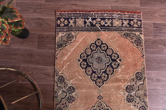 3x11 Vintage Soft Runner Rug, Terracotta Navy Blue Color, Handmade Wool Rug, 3x11 Hallway Kithcen Rug, Wool Rug 3x11 Traditional Runner Rug