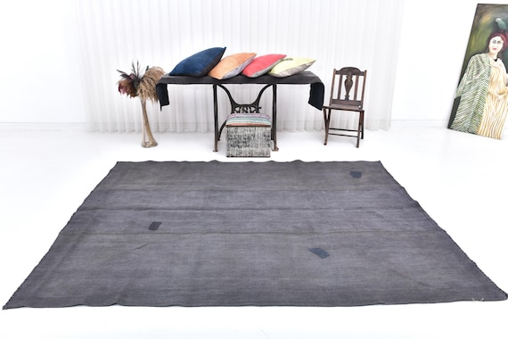 7x9 Blue and Gray Vintage Hemp Rug, 7x9 Hemp Rug, 7x9 Rug, Natural Handmade Hemp Rug, 7x9 Area Rug, Bohemian Decor, Rug For Living Room 60s